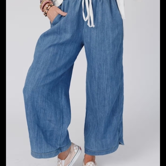 Three Bird Nest Pants - Three Bird Nest Women's Chambray Wide Leg Pants L Drawstring Waist Pull On Blue